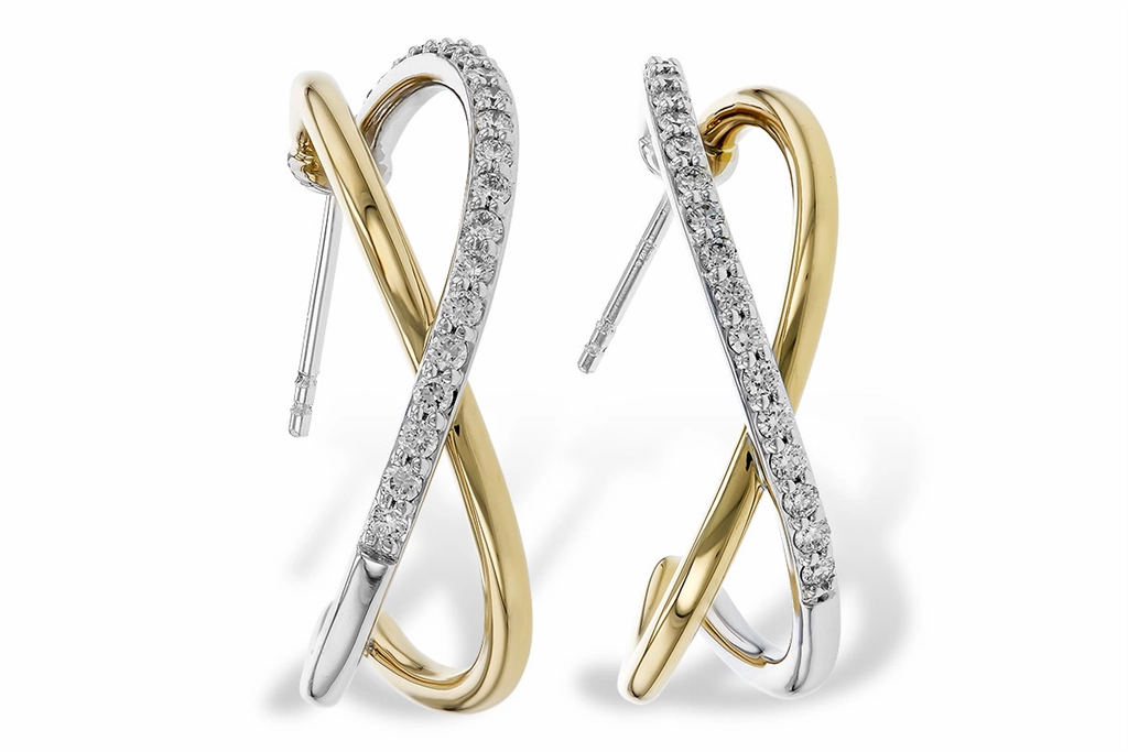 14K Yellow And White Gold Twisted Hoop Natural Diamonds Earrings