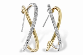 14K Yellow And White Gold Twisted Hoop Natural Diamonds Earrings