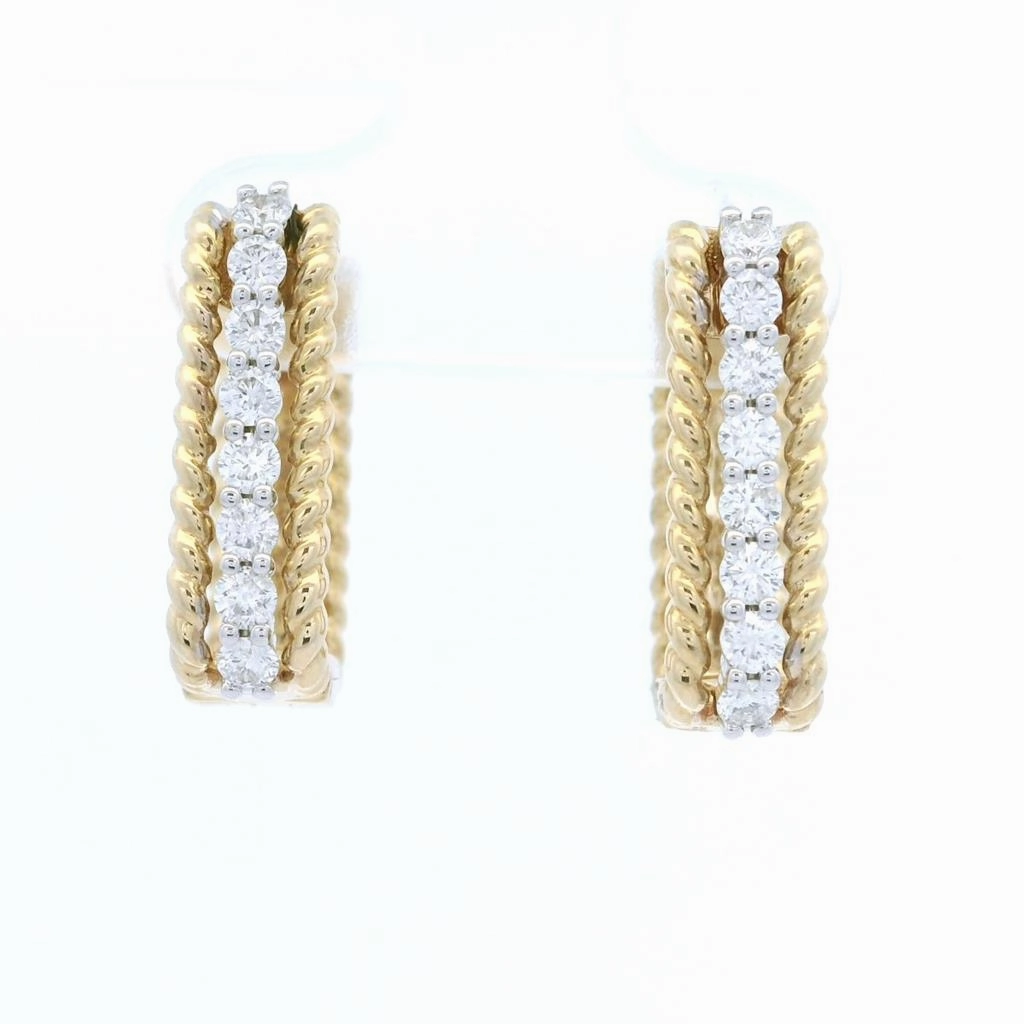14K Yellow And White Huggie Natural Diamonds Hoop Earrings