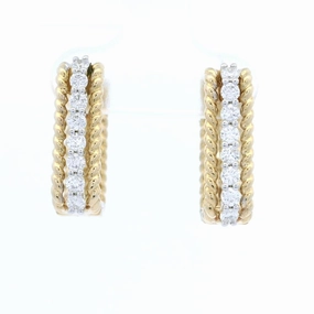 14K Yellow And White Huggie Natural Diamonds Hoop Earrings