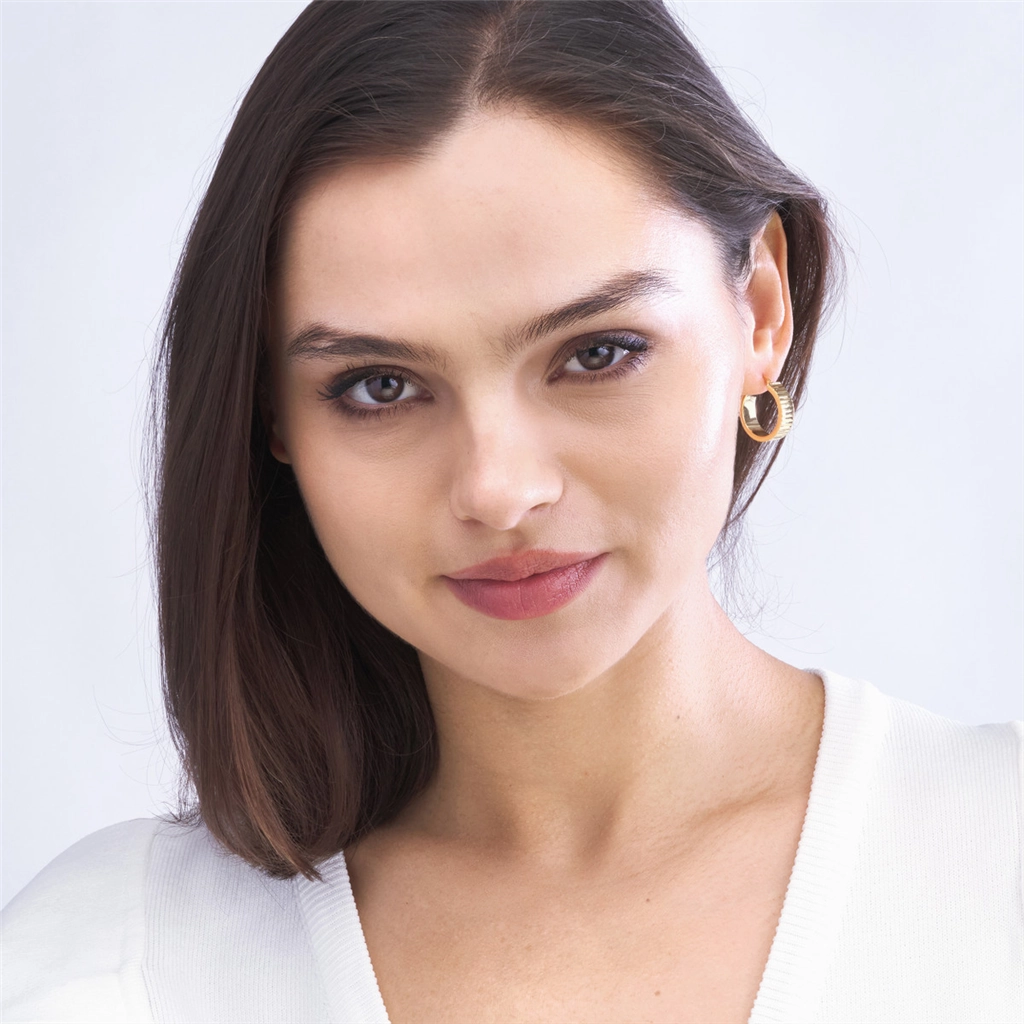 14K Yellow Gold 15mm Line Round Hoop Earrings