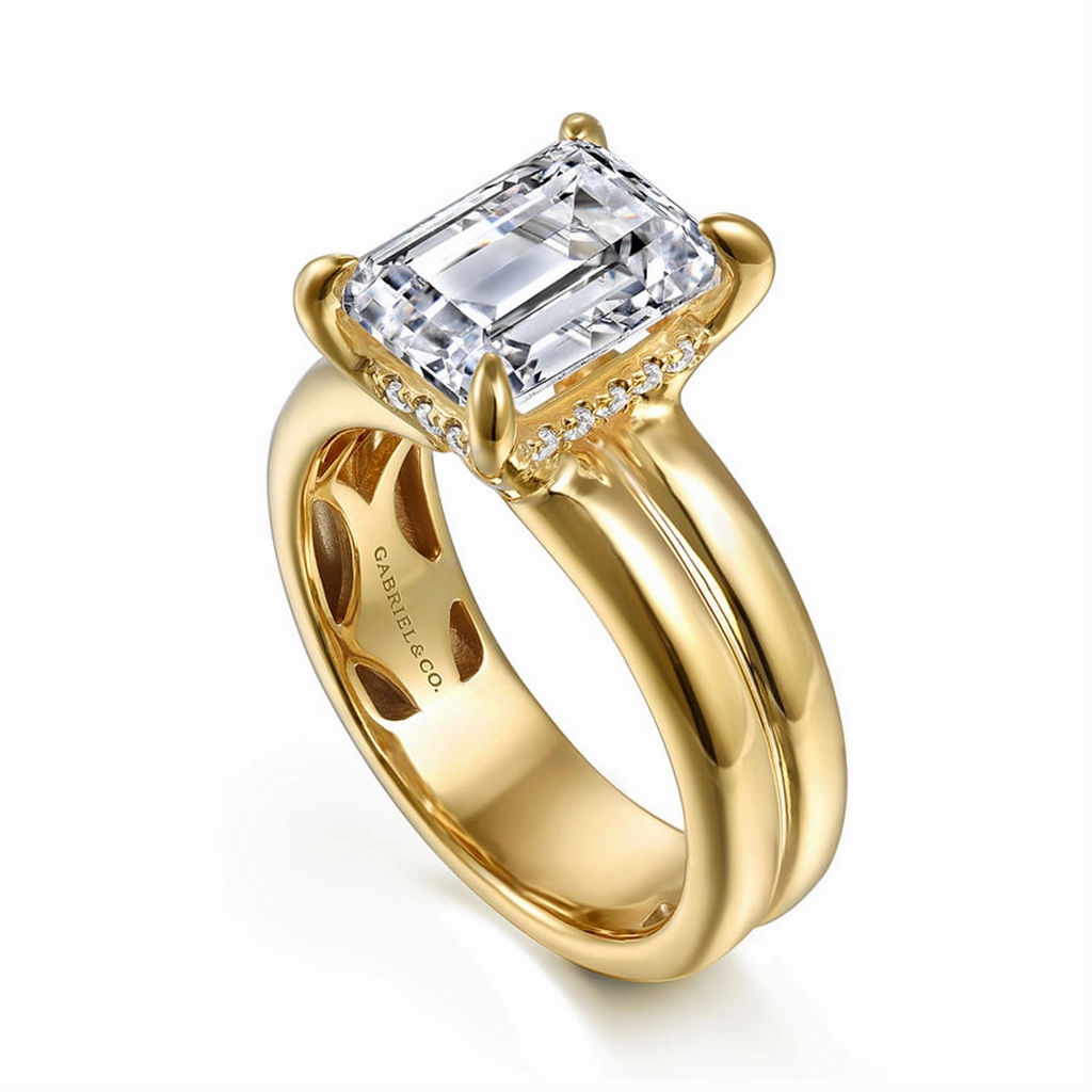 14K Yellow Gold 'Robin' Wide Band Emerald Cut Natural Diamonds Natural Diamonds Engagement Ring