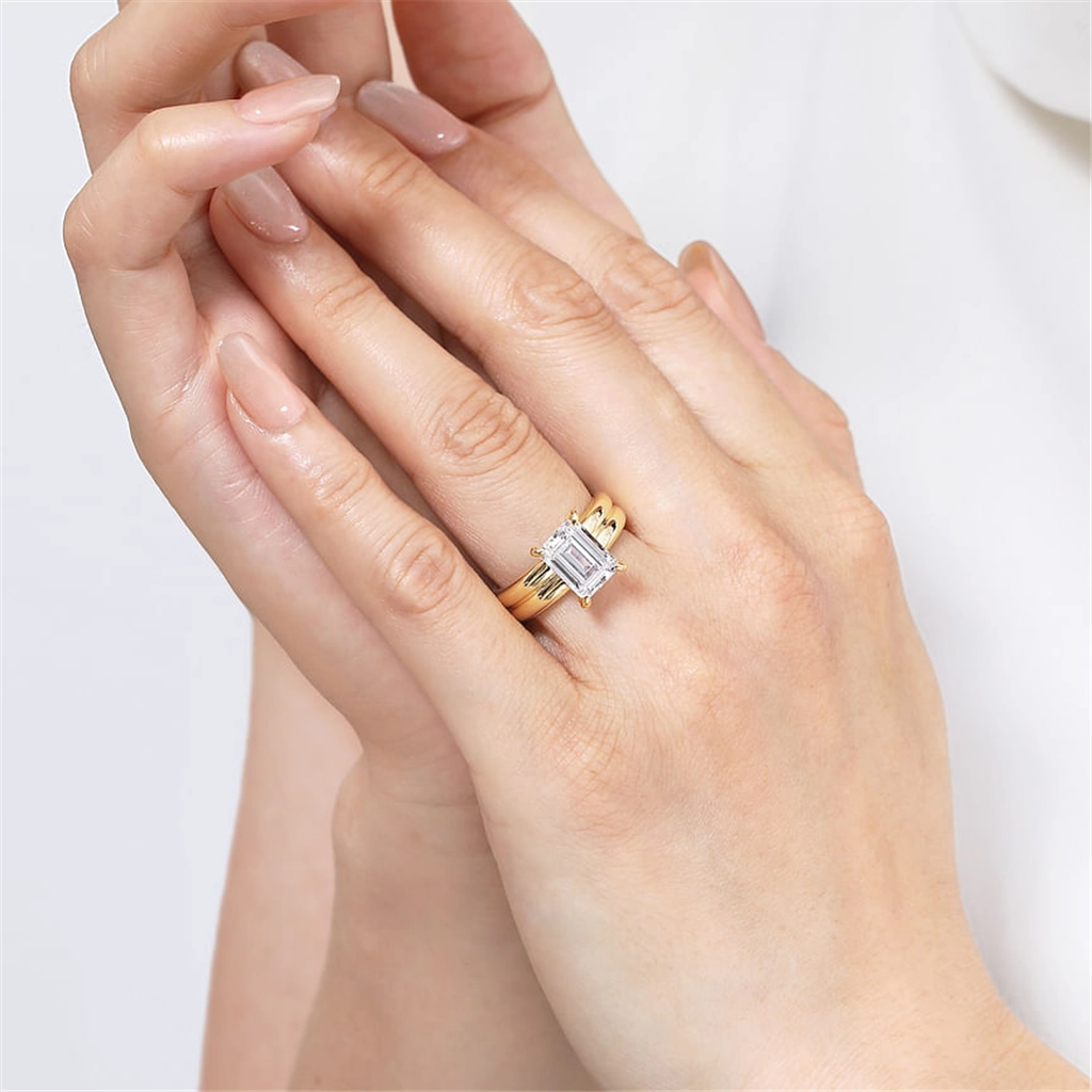 14K Yellow Gold 'Robin' Wide Band Emerald Cut Natural Diamonds Natural Diamonds Engagement Ring