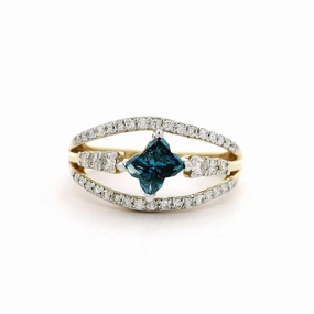 14K Yellow Gold 'Salt & Pepper' Flower Blue Diamond Ring