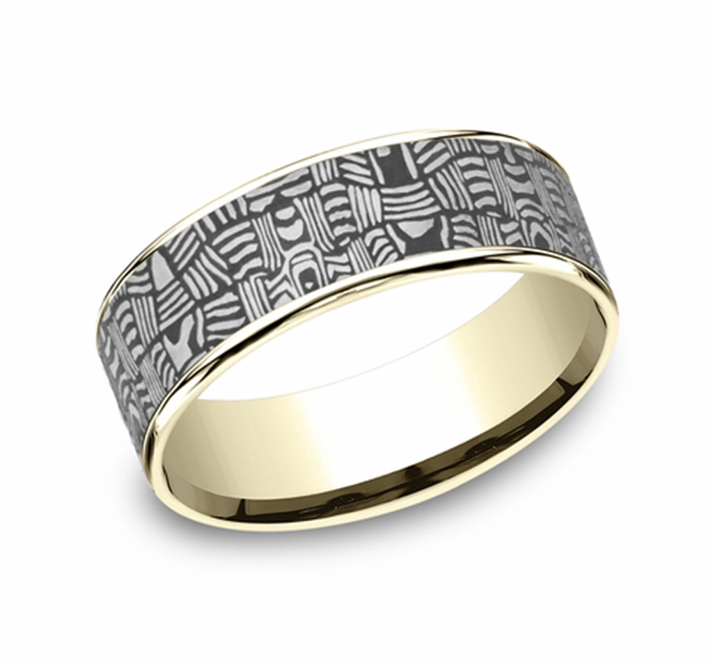 14K Yellow Gold And Darkened Tantalum The Basket Weave 7.5mm Comfort Fit Wedding Band