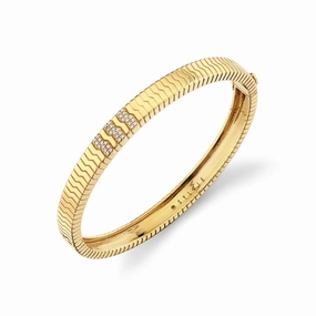 14K Yellow Gold Bangle With Three Pav Set Lines