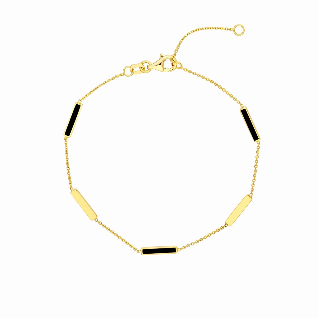 14K Yellow Gold Black Enamel Alternating Bar Station Bracelet