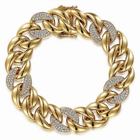 14K Yellow Gold Classic Cuban Bracelet With Pav Diamond And Plain Links
