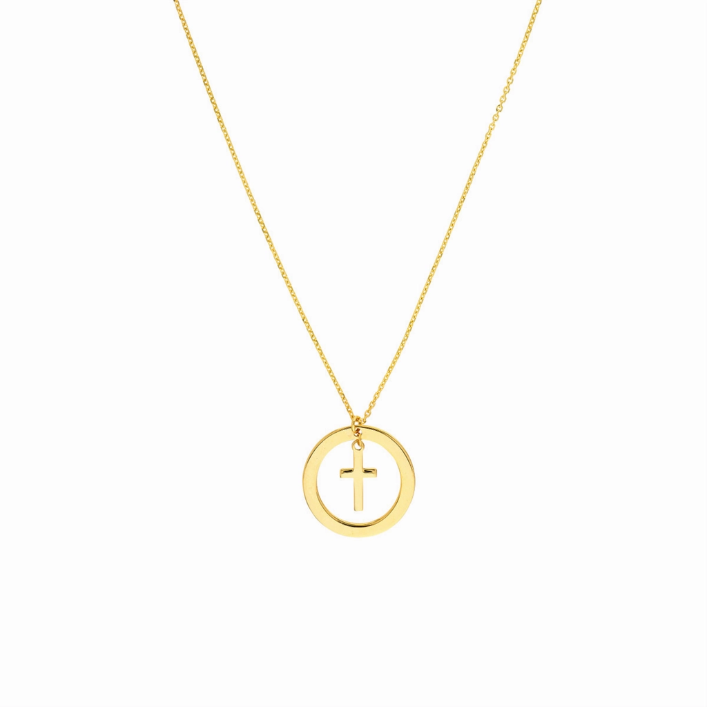 14K Yellow Gold Cut Out Circle Cross Adjustable Necklace