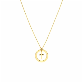 14K Yellow Gold Cut Out Circle Cross Adjustable Necklace
