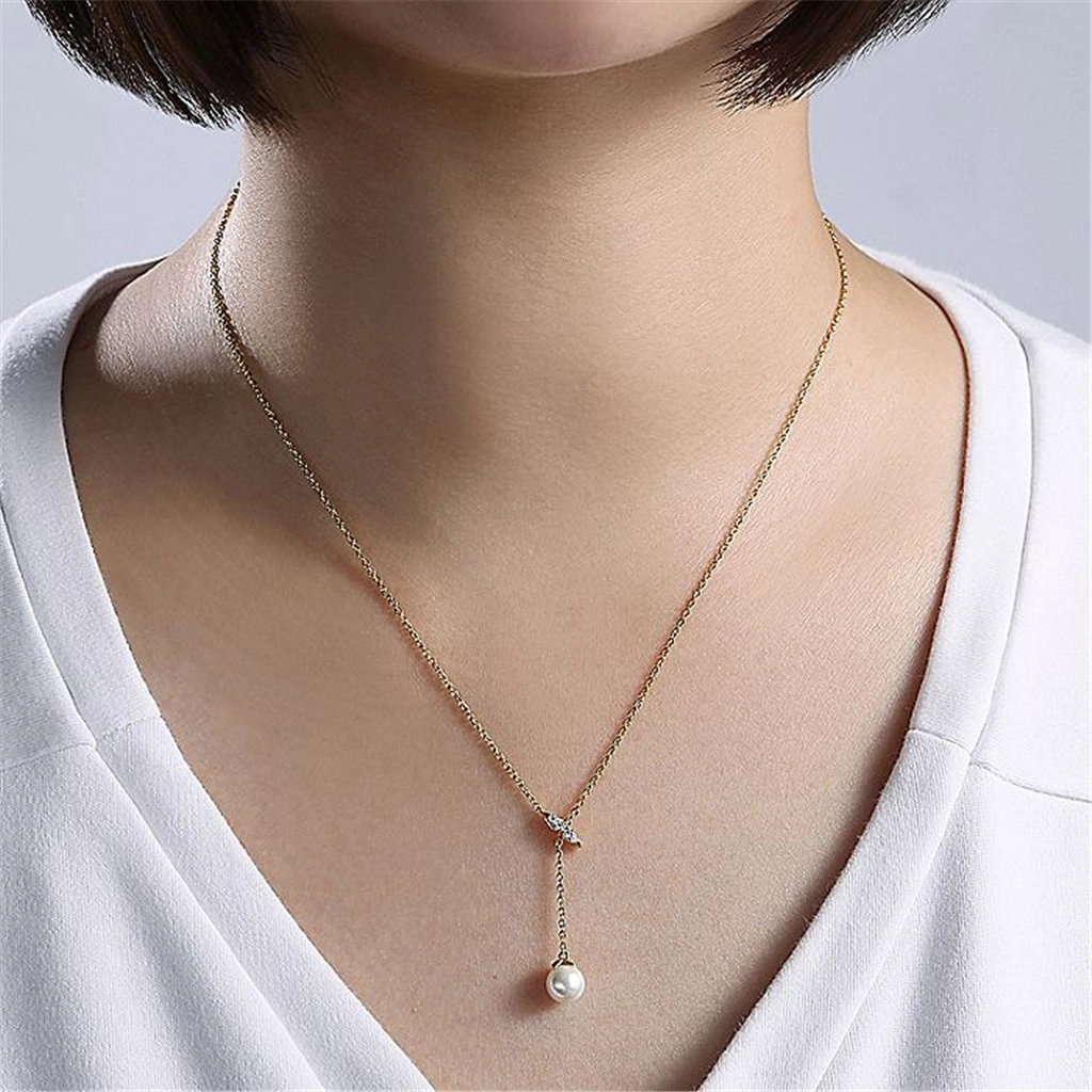 14K Yellow Gold Diamond Bar Y Necklace With Cultured Pearl Drop