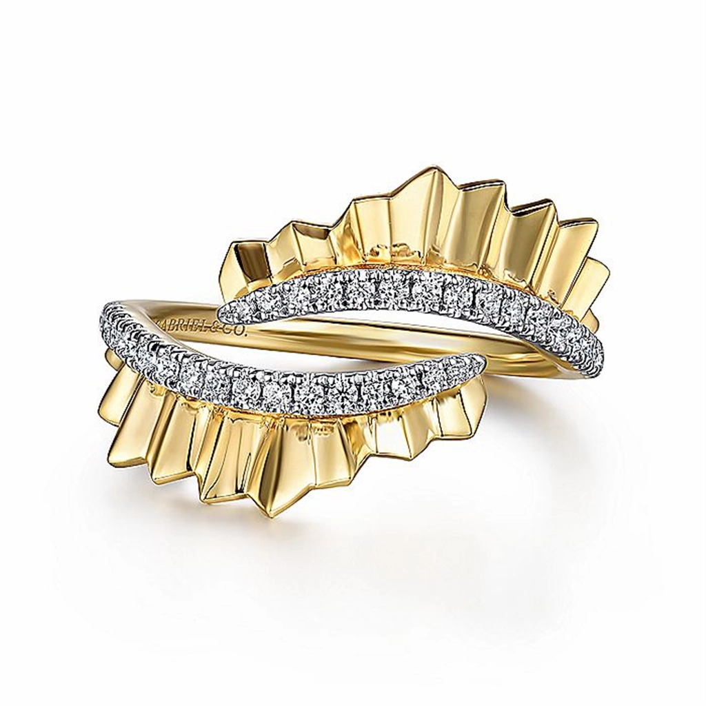 14K Yellow Gold Diamond Bypass Ring With Diamond Cut Texture