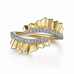 14K Yellow Gold Diamond Bypass Ring With Diamond Cut Texture