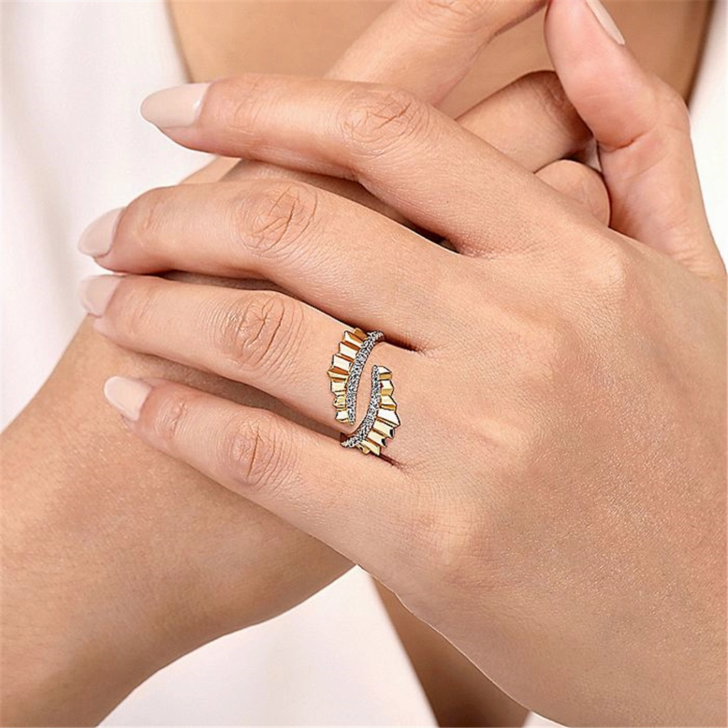 14K Yellow Gold Diamond Bypass Ring With Diamond Cut Texture