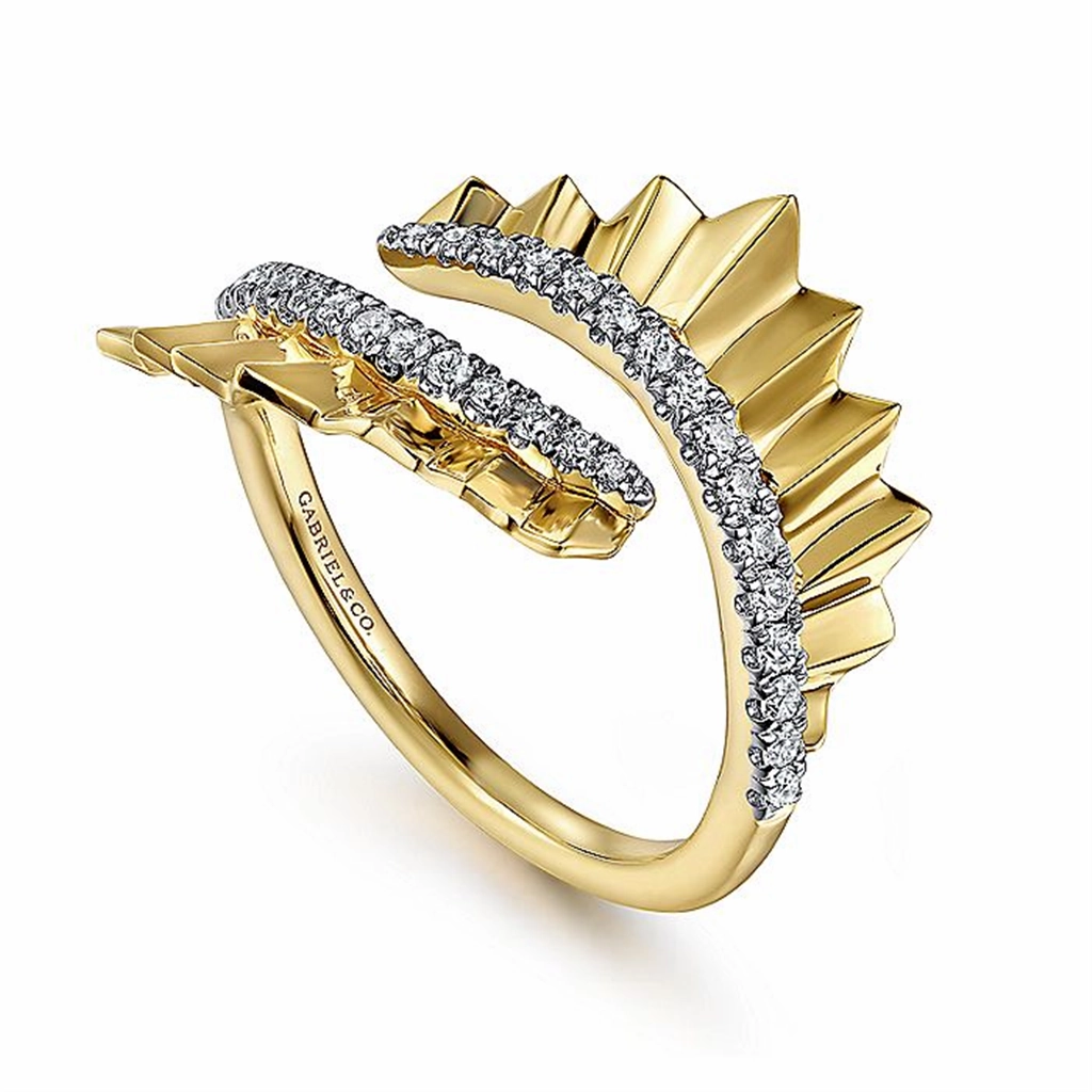 14K Yellow Gold Diamond Bypass Ring With Diamond Cut Texture