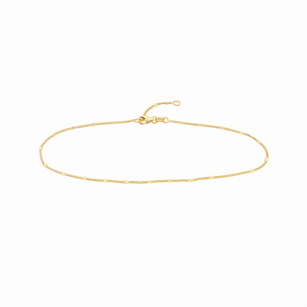 14K Yellow Gold Diamond Cut Stations On Curb Adjustable Anklet