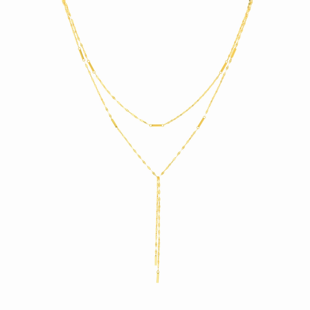 14K Yellow Gold Double Stranded Hammered Bar Dangle Necklace