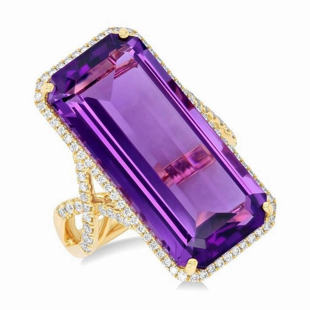 14K Yellow Gold Emerald Amethyst Contemporary Ring
