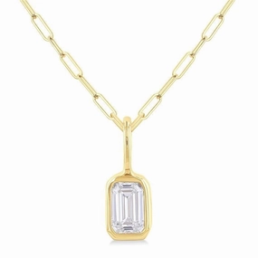 14K Yellow Gold Emerald Cut Natural Diamonds Bezel Set Solitaire Pendant Necklace