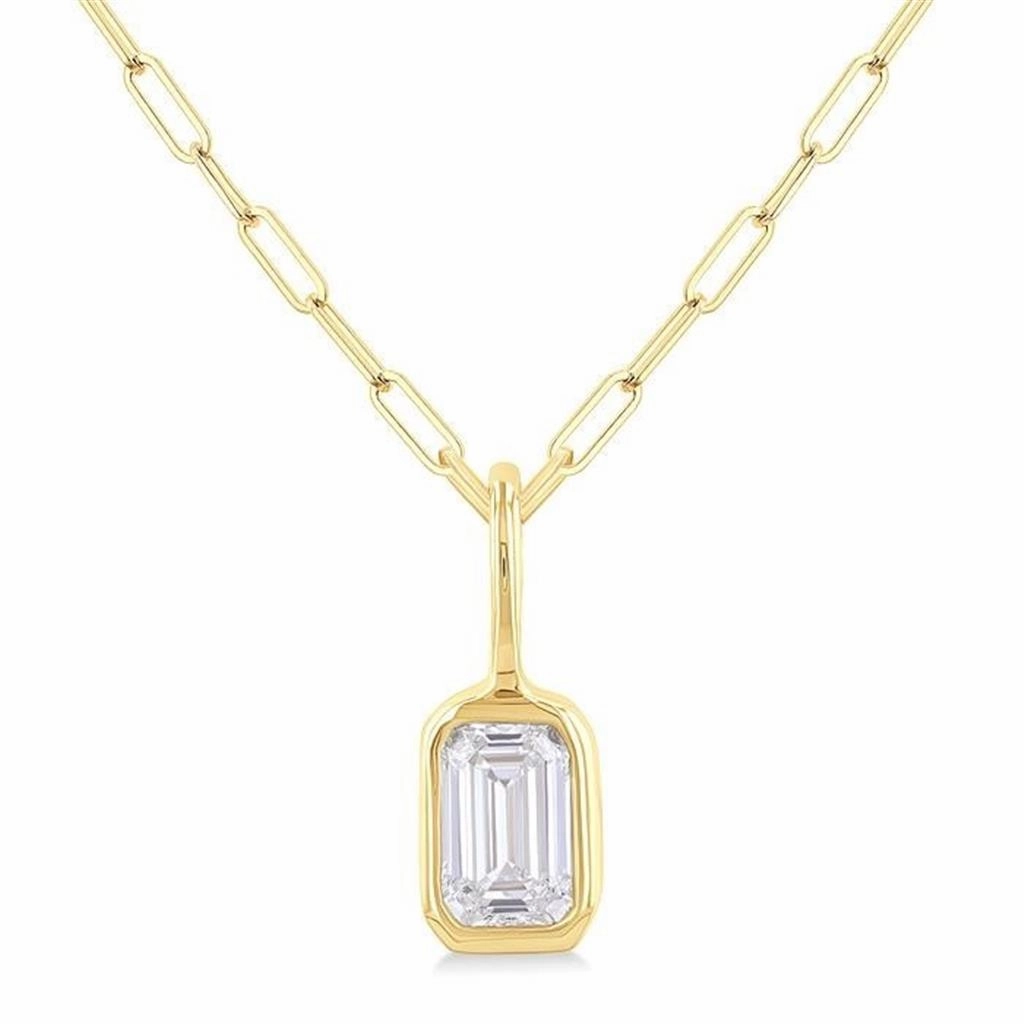 14K Yellow Gold Emerald Cut Natural Diamonds Bezel Set Solitaire Pendant Necklace