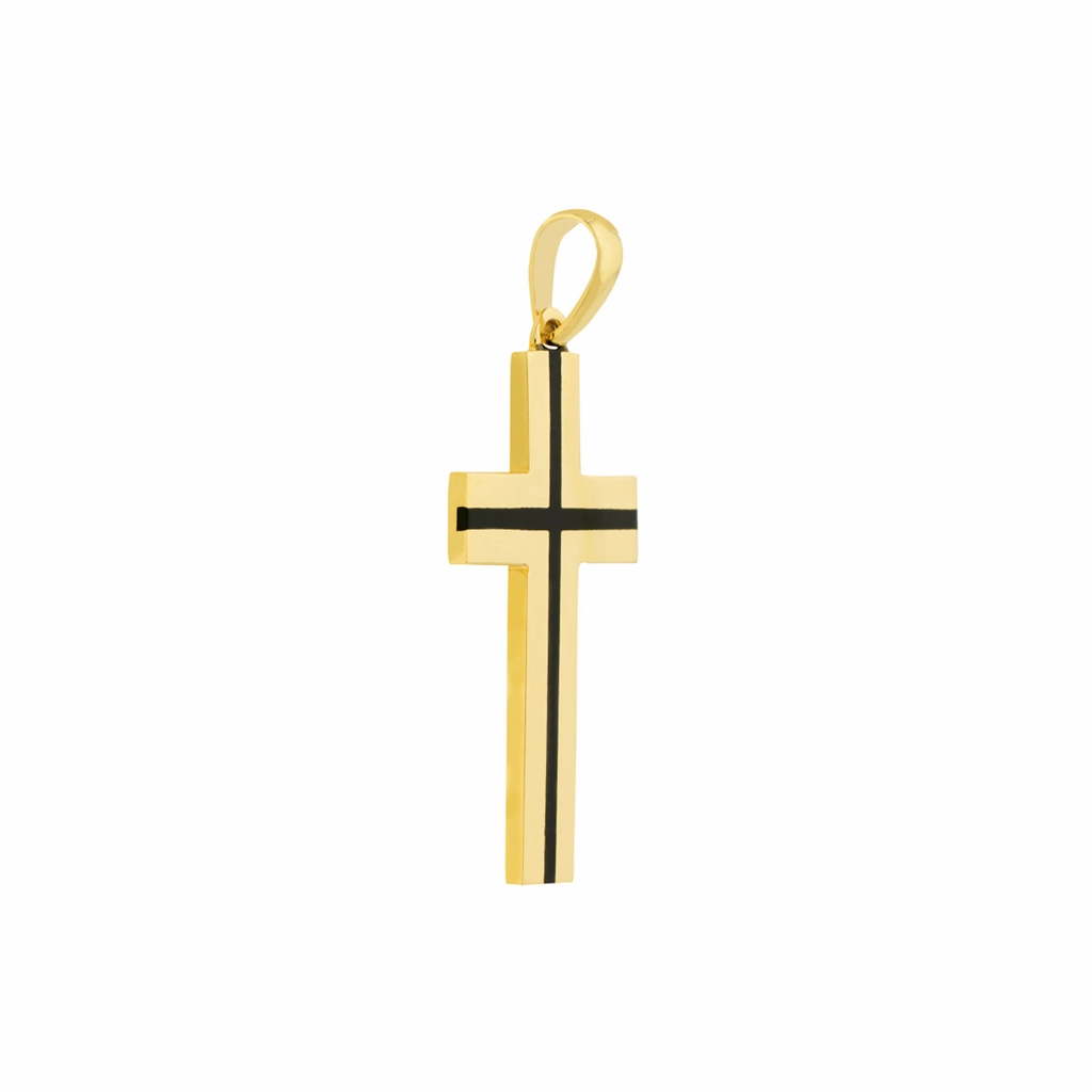 14K Yellow Gold Fancy Black Enamel Accent Cross Pendant