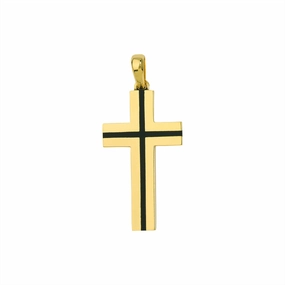 14K Yellow Gold Fancy Black Enamel Accent Cross Pendant