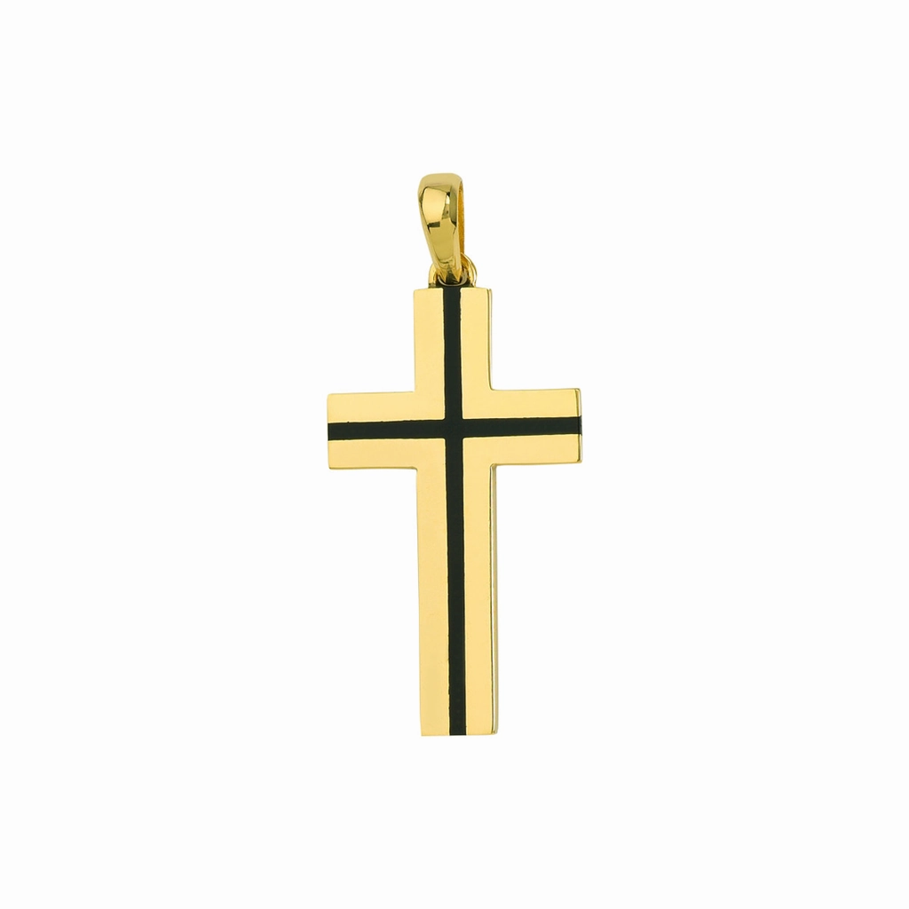 14K Yellow Gold Fancy Black Enamel Accent Cross Pendant