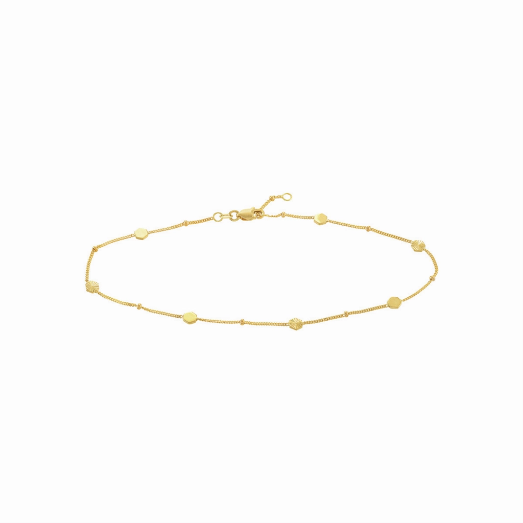 14K Yellow Gold Fluted And Polished Hexagon Station Anklet