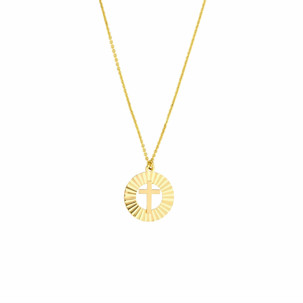 14K Yellow Gold Fluted Cross Medallion Adjustable Necklace