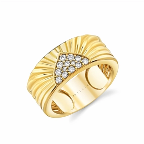 14K Yellow Gold Fluted Pav Set Natural Diamonds Ring