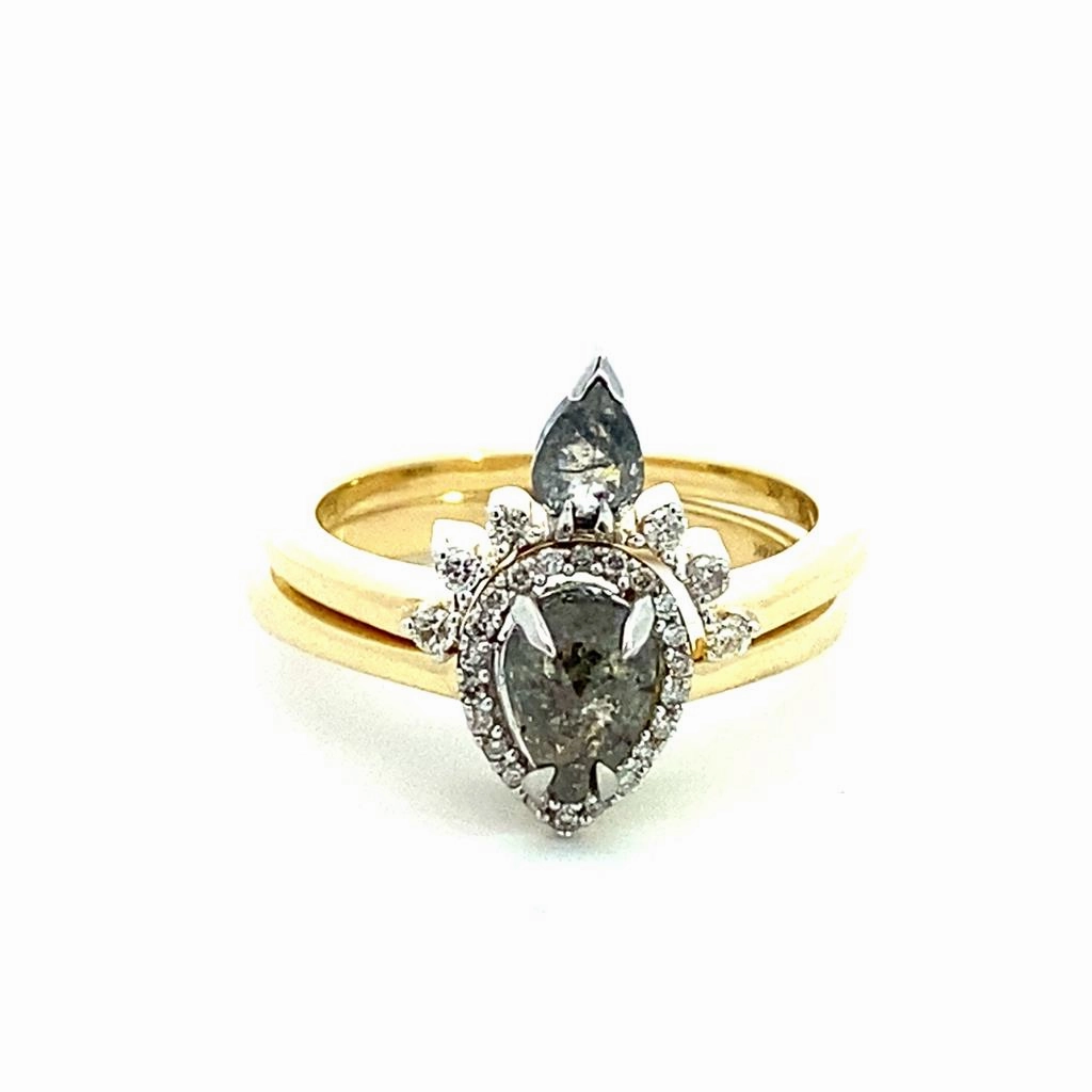 14K Yellow Gold Halo Salt And Pepper Diamond Engagement Ring With Pear Center And Matching Band Set