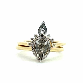 14K Yellow Gold Halo Salt And Pepper Diamond Engagement Ring With Pear Center And Matching Band Set