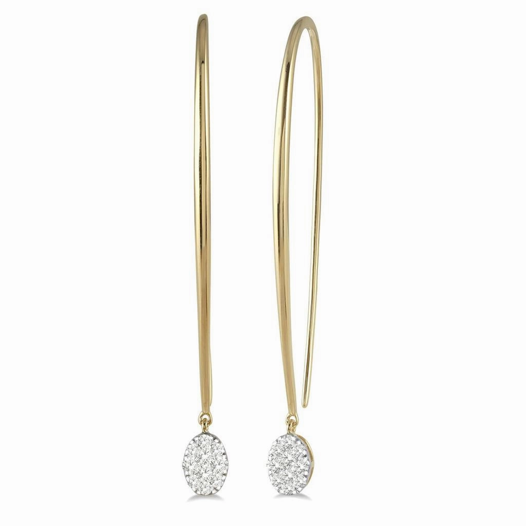 14K Yellow Gold Lovebright Oval Shape Diamond Cluster Drop Earrings