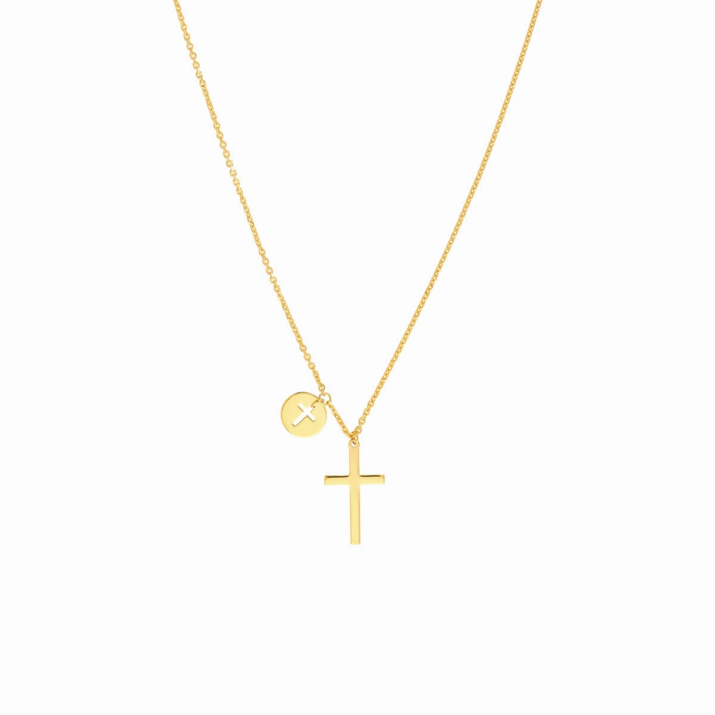 14K Yellow Gold Mini Cut Out Cross Disk Adjustable Necklace