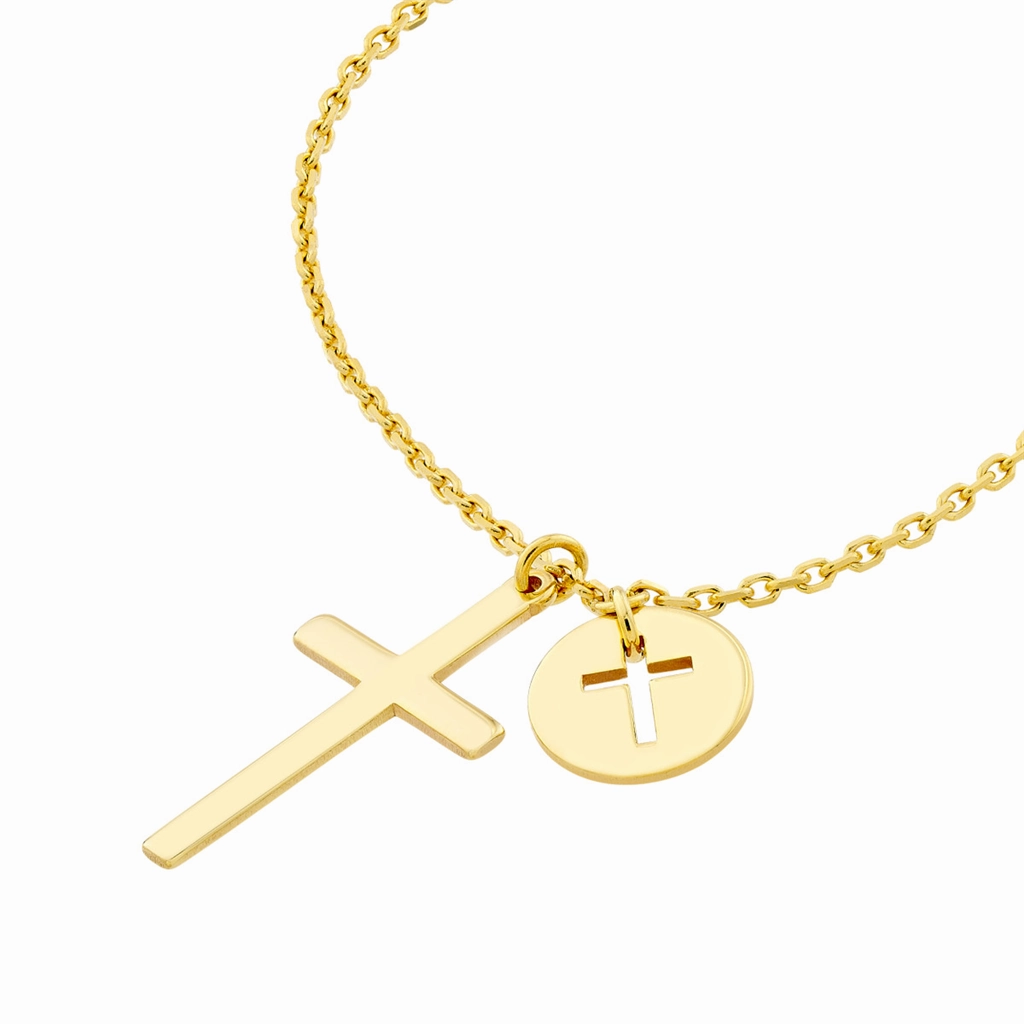 14K Yellow Gold Mini Cut Out Cross Disk Adjustable Necklace