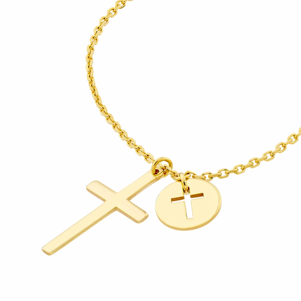 14K Yellow Gold Mini Cut Out Cross Disk Adjustable Necklace