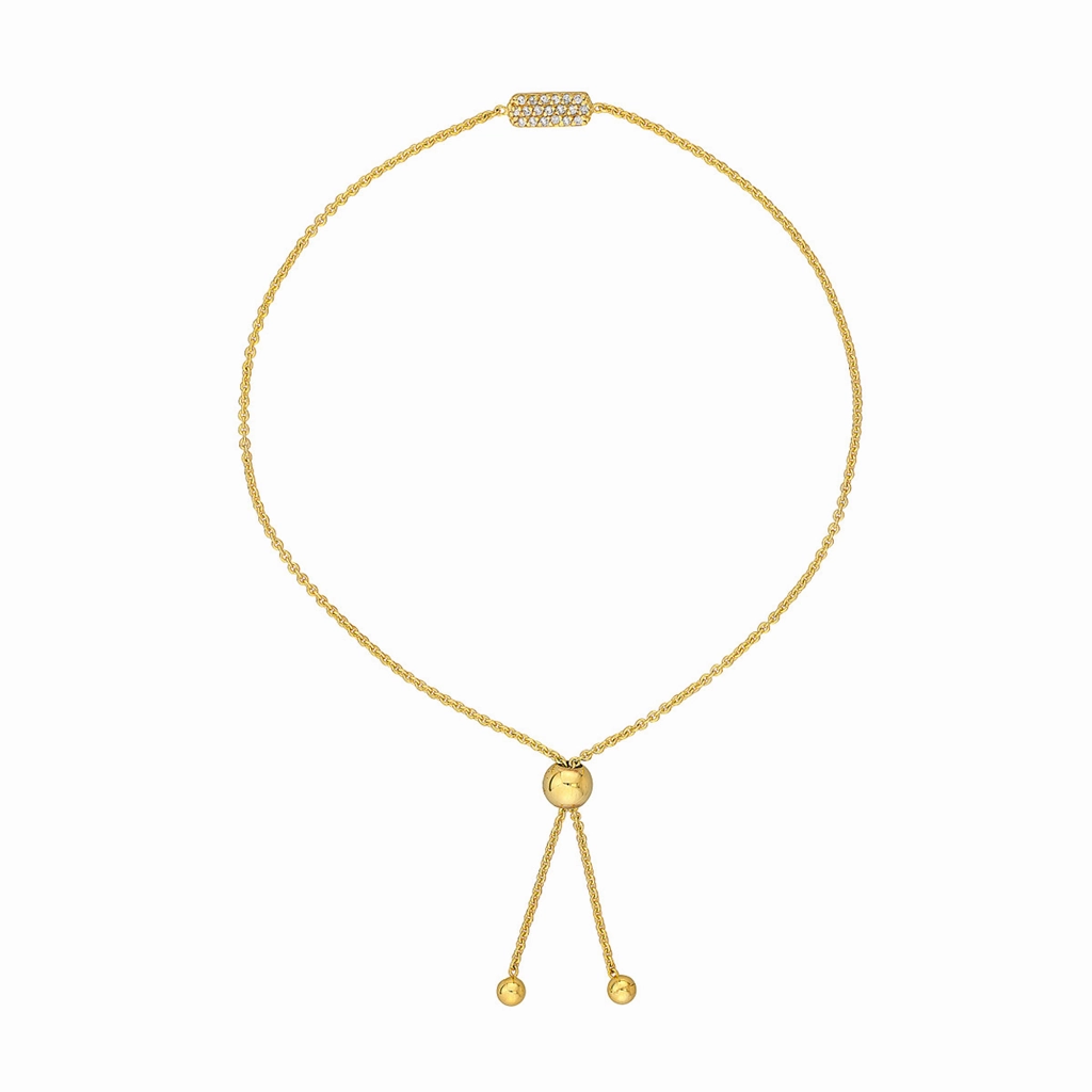 14K Yellow Gold Mini Pav Natural Diamond Dog Tag Bolo Adjustable Bracelet