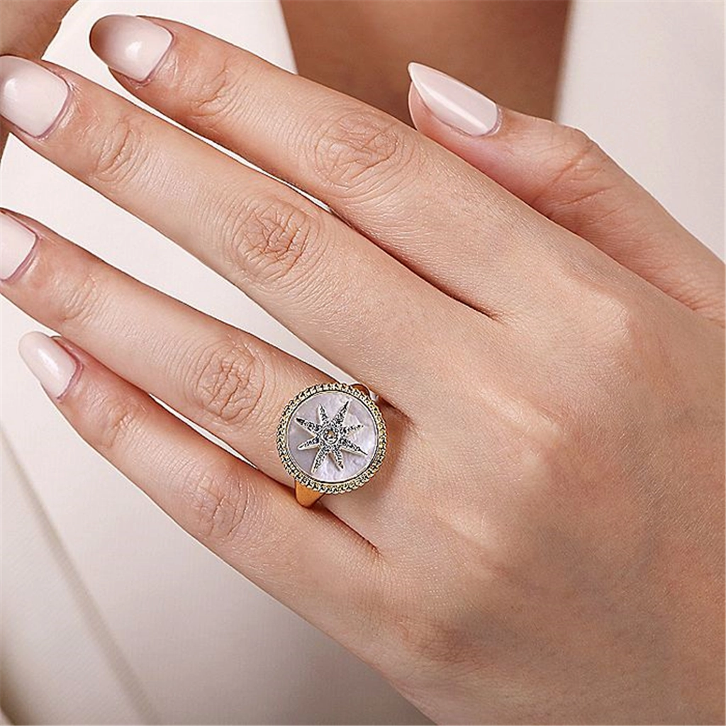 14K Yellow Gold Mother Of Pearl Inlay And Diamond Starburst Signet Ring
