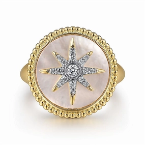 14K Yellow Gold Mother Of Pearl Inlay And Diamond Starburst Signet Ring