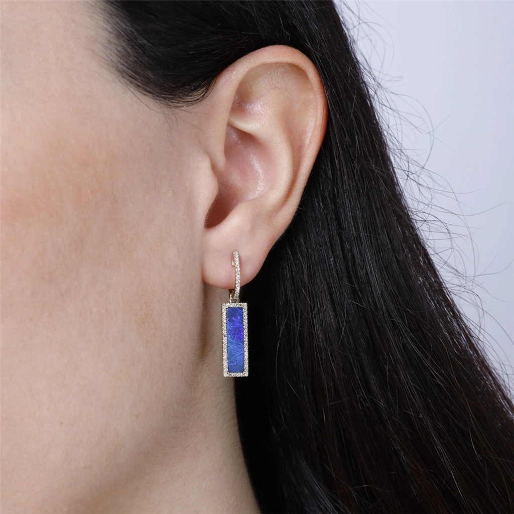 14K Yellow Gold Opal And Diamond Rectangular Dangle Earrings