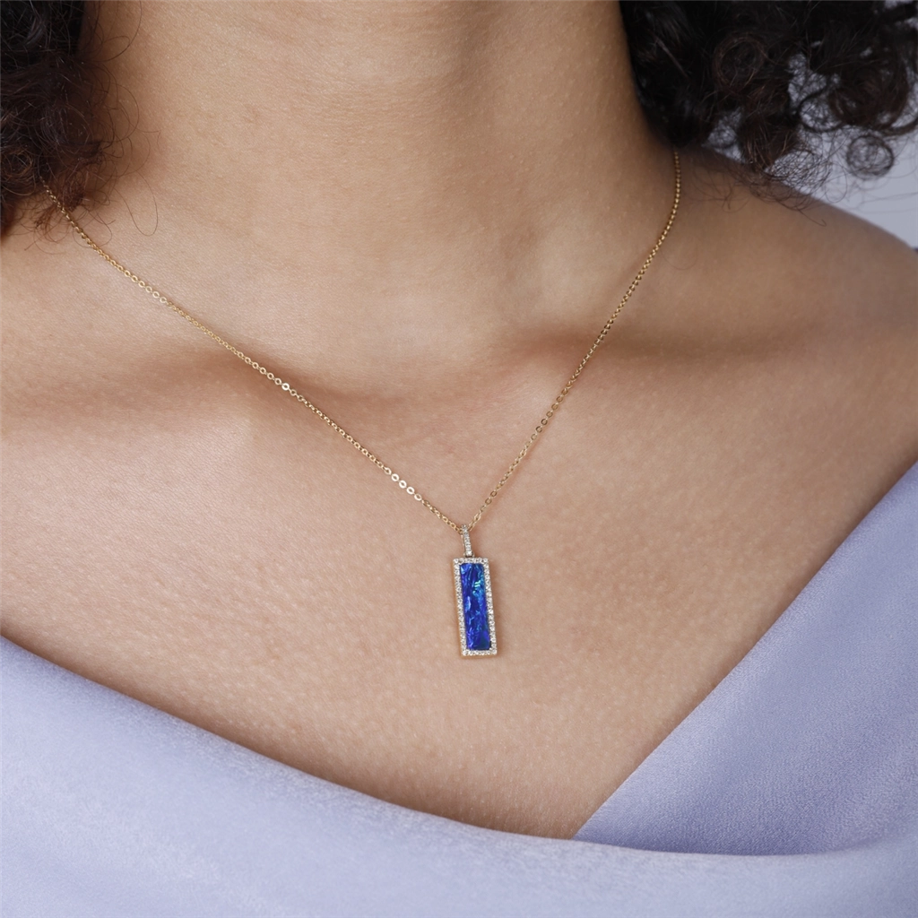 14K Yellow Gold Opal And Diamond Rectangular Drop Pendant