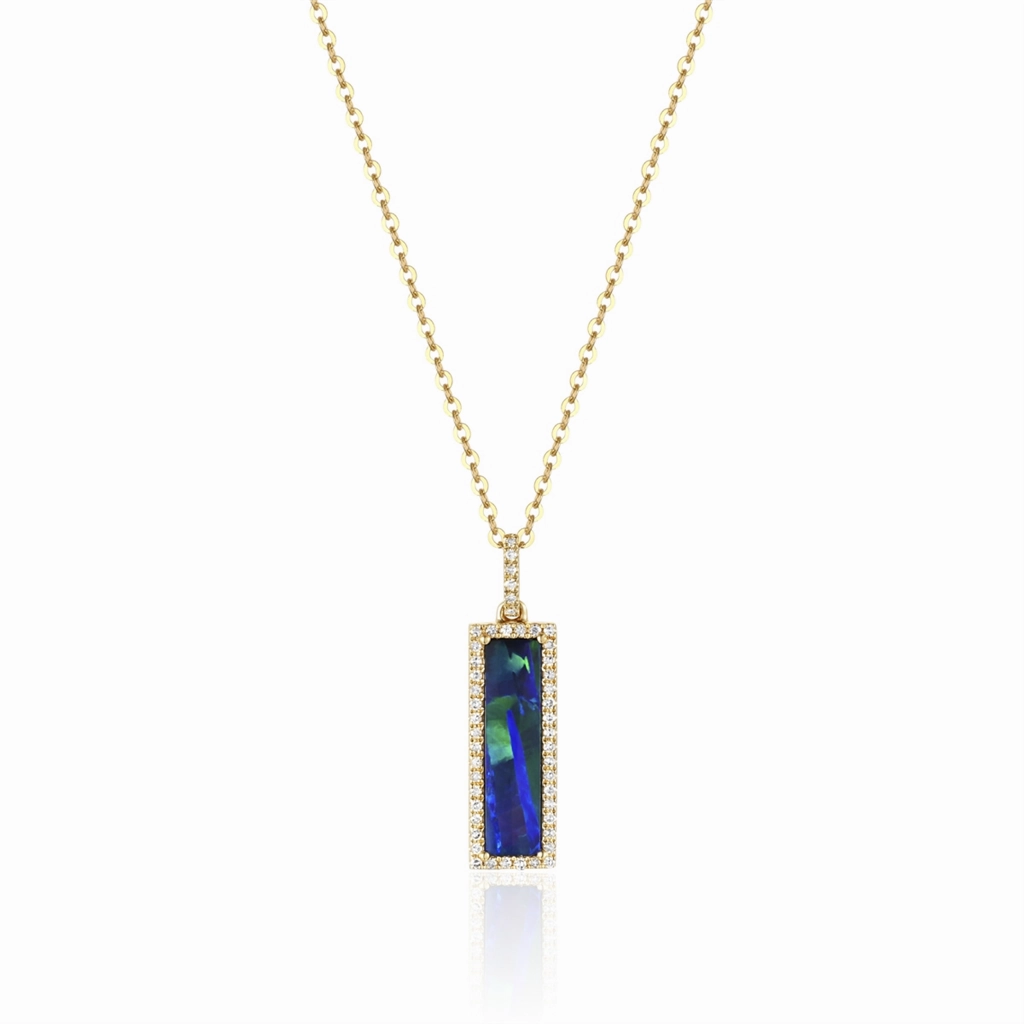 14K Yellow Gold Opal And Diamond Rectangular Drop Pendant