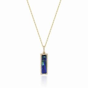 14K Yellow Gold Opal And Diamond Rectangular Drop Pendant