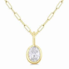 14K Yellow Gold Oval Natural Diamonds Bezel Set Solitaire Pendant Necklace
