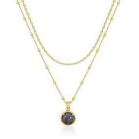 14K Yellow Gold Overlay Double Layer Cabochon Labradorite Pendant Necklace