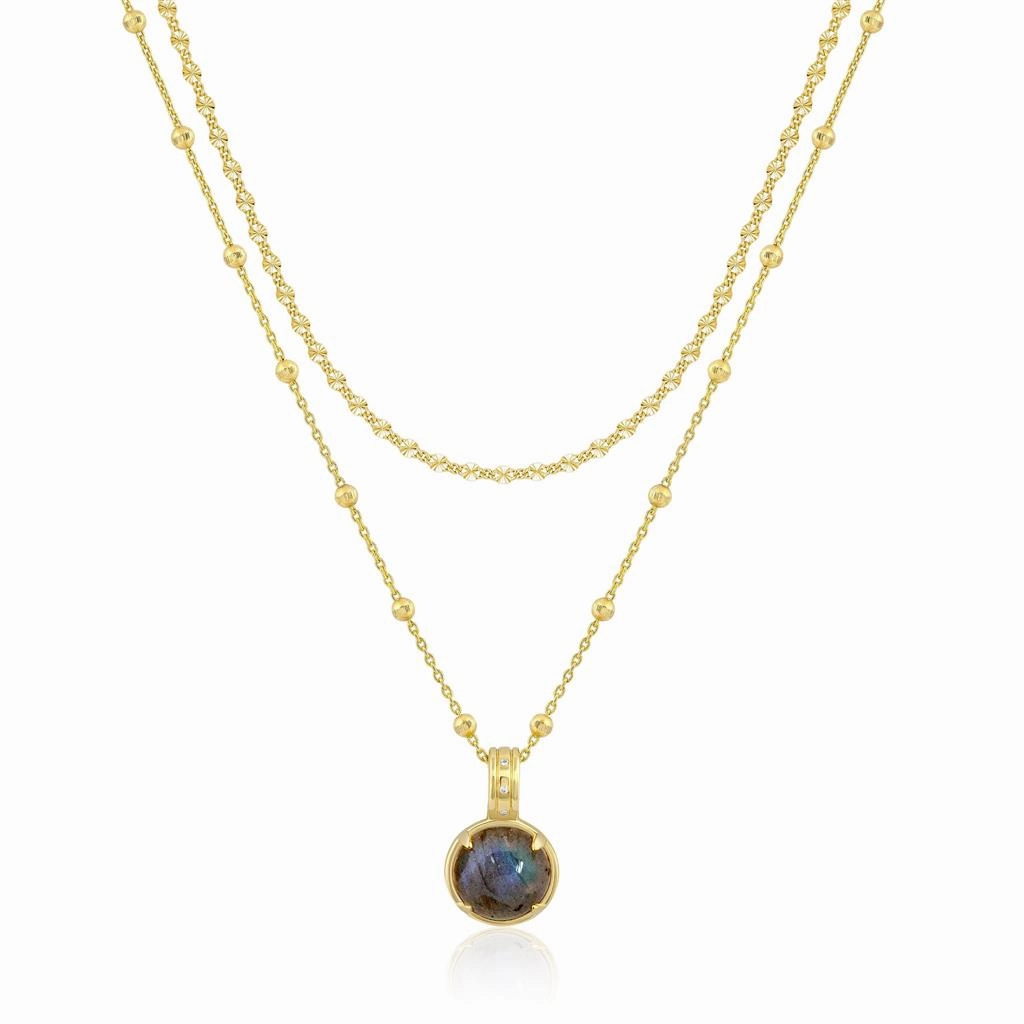 14K Yellow Gold Overlay Double Layer Cabochon Labradorite Pendant Necklace