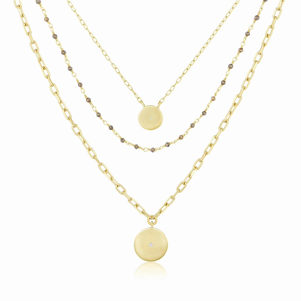 14K Yellow Gold Overlay Lara Three In One Layered Disc Charm Necklace