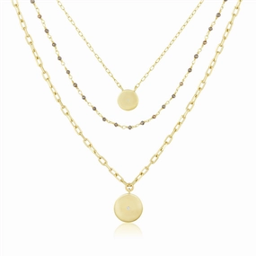 14K Yellow Gold Overlay Lara Three In One Layered Disc Charm Necklace