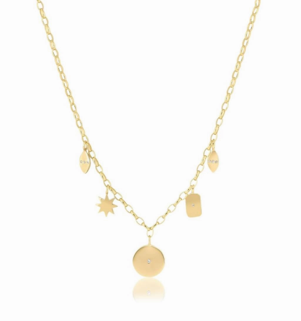 14K Yellow Gold Overlay Multi Charm Necklace With White CZ