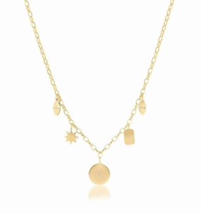 14K Yellow Gold Overlay Multi Charm Necklace With White CZ
